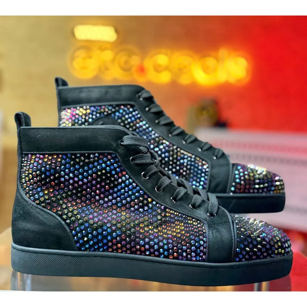 Christian Louboutin Men’s High-Top Sneakers Black Multicolor Crystal Strass Spi